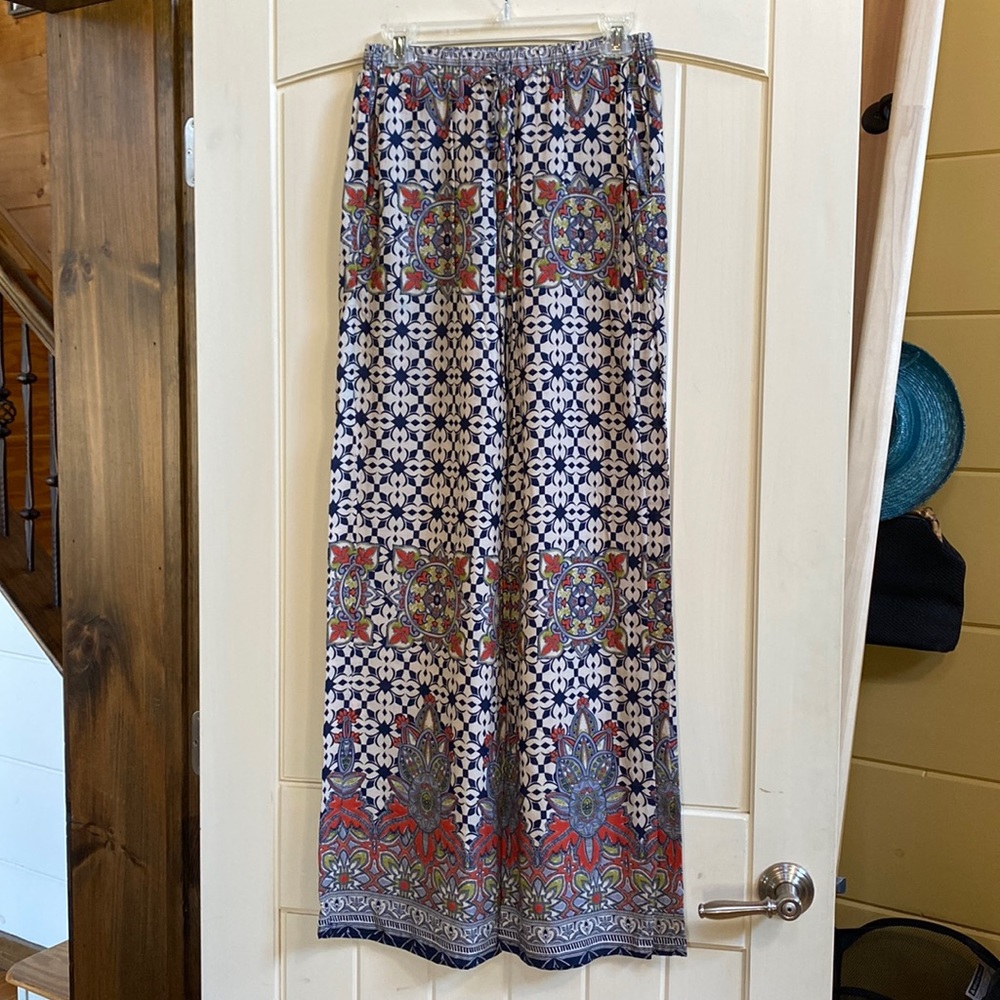 Umgee Wide Leg Pants Navy Blue Red Multicolor Tile Print